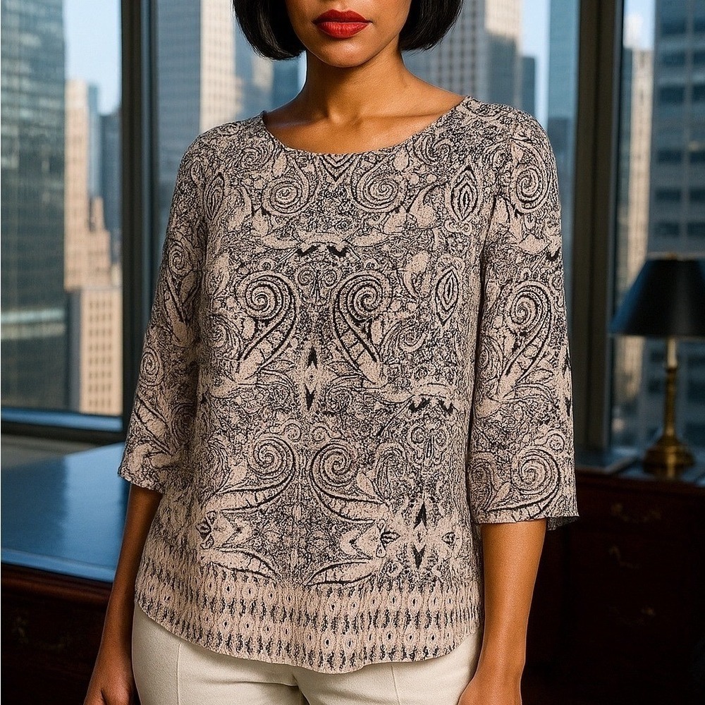 Cynthia Rowley Womens 3/4 Sleeve Blouse Top Paisley Print Art to Wear Work‎